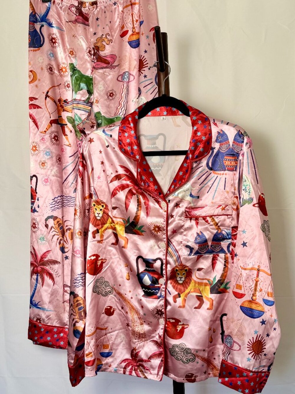 Satin Pink Printed Pajama Set | Size XL
